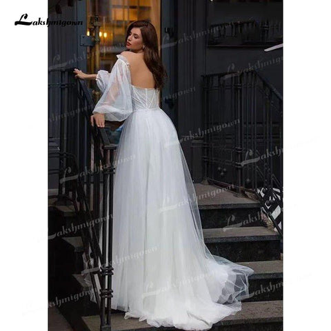 NumberSea Boho A-Linie Tüll Brautkleider Seitenschlitz mit abnehmbaren Puffärmeln Herzausschnitt Sweep/Brush Train Strand Brautkleider