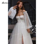 NumberSea Boho A-Line Tulle Wedding Dresses Side Split With Detachable Puff Sleeves Sweetheart Neck Sweep/Brush Train Beach Bride Gowns