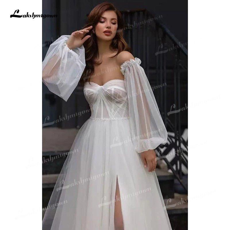 NumberSea Boho A-Line Tulle Wedding Dresses Side Split With Detachable Puff Sleeves Sweetheart Neck Sweep/Brush Train Beach Bride Gowns