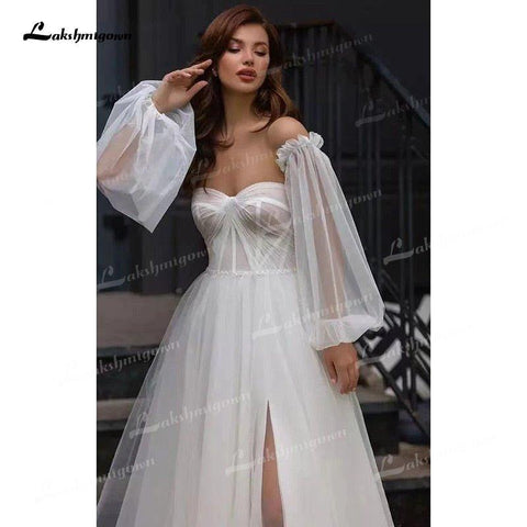 NumberSea Boho A-Linie Tüll Brautkleider Seitenschlitz mit abnehmbaren Puffärmeln Herzausschnitt Sweep/Brush Train Strand Brautkleider