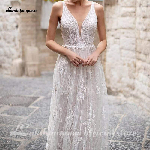 NumberSea Robes de mariée bohème à appliqués dos nu ligne A