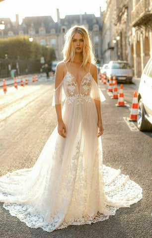 NumberSea Boho Strand A-linie Brautkleider Sexy Spaghetti Spitze