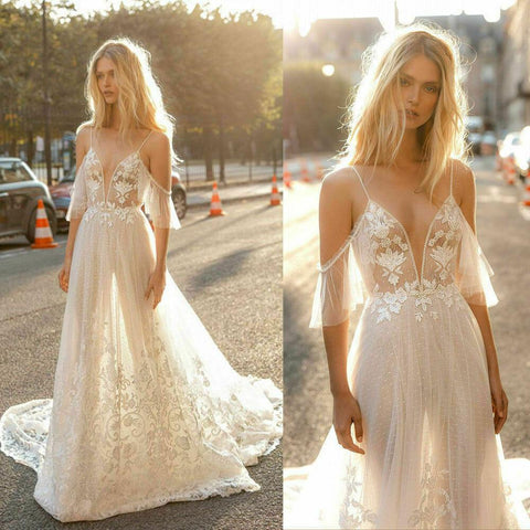 NumberSea Boho Strand A-linie Brautkleider Sexy Spaghetti Spitze