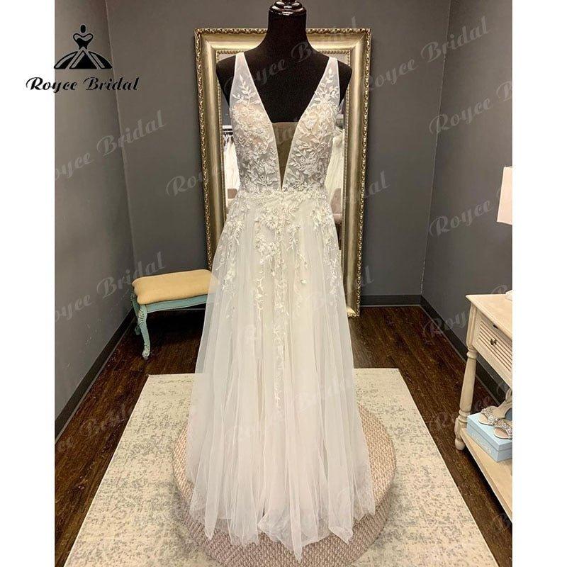 NumberSea Boho Beach Sleeveless Deep V Neck Wedding Dress Lace Appliques Backless Floor Length Tulle 2025 Vestidos Robe Civil Bridal Gown