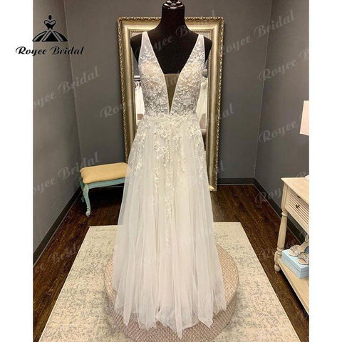 NumberSea Boho Strand Ärmelloses Tiefes V-Ausschnitt Brautkleid Spitze Applikationen Rückenfrei Bodenlangen Tüll 2025 Vestidos Robe Zivil Brautkleid 