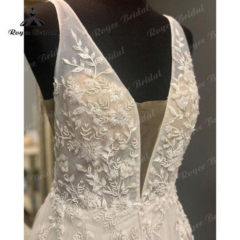NumberSea Boho Strand Ärmelloses Tiefes V-Ausschnitt Brautkleid Spitze Applikationen Rückenfrei Bodenlangen Tüll 2025 Vestidos Robe Zivil Brautkleid 