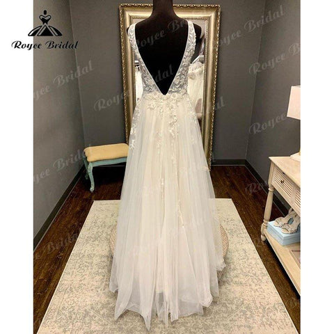 NumberSea Boho Strand Ärmelloses Tiefes V-Ausschnitt Brautkleid Spitze Applikationen Rückenfrei Bodenlangen Tüll 2025 Vestidos Robe Zivil Brautkleid 