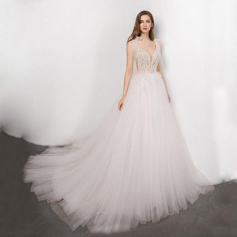 NumberSea Boho Brautkleid 2021 neu Sexy V-Ausschnitt rückenfrei Braut Brautkleid Luxus Kristall und Perlen Vestido de Novia Robe de Mariee