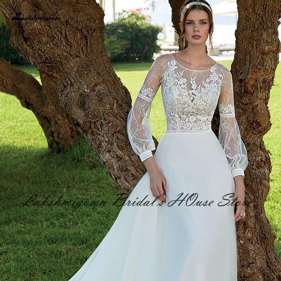 NumberSea Boho Bridal Robe Puffy Long Sleeve Wedding Dresses 2022 Lace Bodice Vestido de Princesa A Line Off White Tulle Wedding Gowns