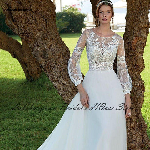 Vestido de noiva estilo Boho com mangas compridas e corpete de renda NumberSea 2022, vestido de princesa corte A e tule branco
