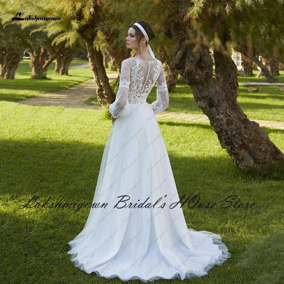 NumberSea Boho Bridal Robe Puffy Long Sleeve Wedding Dresses 2022 Lace Bodice Vestido de Princesa A Line Off White Tulle Wedding Gowns