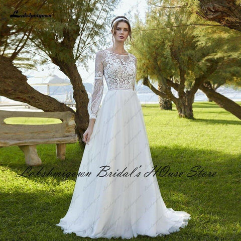 Vestido de noiva estilo Boho com mangas compridas e corpete de renda NumberSea 2022, vestido de princesa corte A e tule branco
