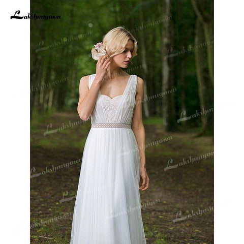 NumberSea Boho Chiffon A-Linie Brautkleider Herzausschnitt Korsett Sexy Offener Rücken Ärmellos Falten Sweep/Pinselschleppe Strand Brautkleider