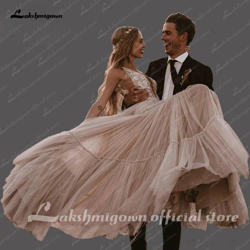 NumberSea Boho Hippie Wedding Dress  Sleeveless V Neck Chic Styl Whimsical Ruched Skirt Tulle Bridal Gowns Robe de mariee