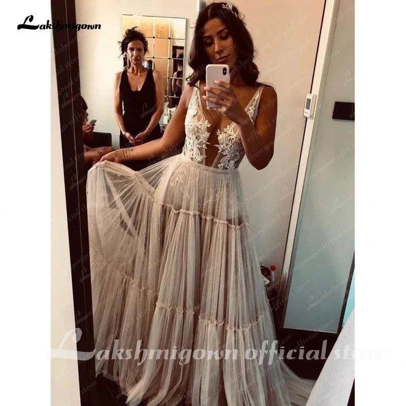 NumberSea Boho Hippie Wedding Dress  Sleeveless V Neck Chic Styl Whimsical Ruched Skirt Tulle Bridal Gowns Robe de mariee