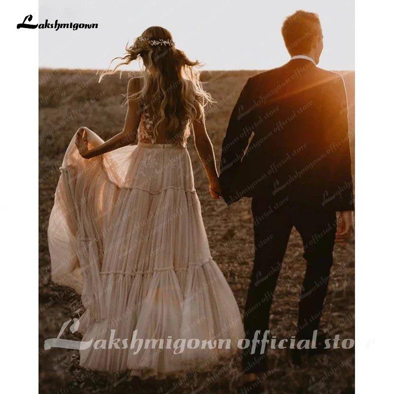 NumberSea Boho Hippie Wedding Dress  Sleeveless V Neck Chic Styl Whimsical Ruched Skirt Tulle Bridal Gowns Robe de mariee