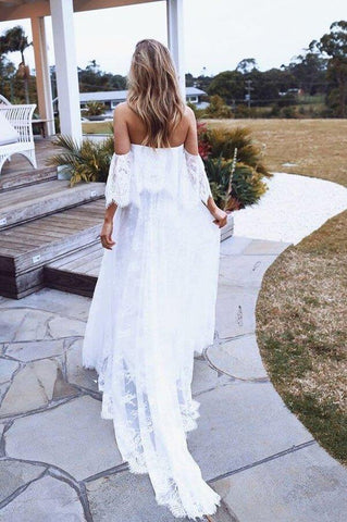Vestidos de noiva estilo boho com renda, corte A, manga curta e ombros descobertos, estilo praia, MW630