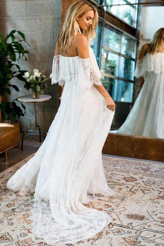 Vestidos de noiva estilo boho com renda, corte A, manga curta e ombros descobertos, estilo praia, MW630