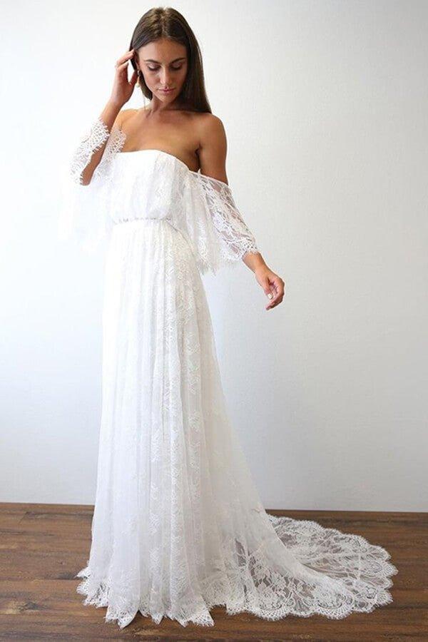 NumberSea Boho Lace A-line Half Sleeves Off-the-Shoulder Beach Wedding Dresses, MW630