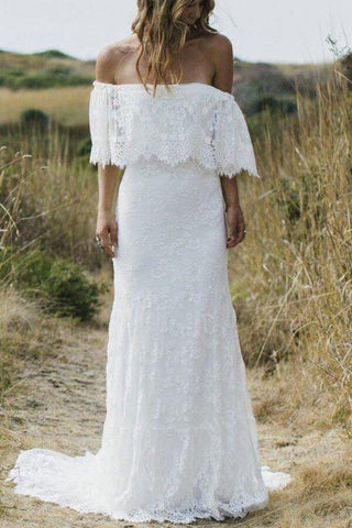 Vestidos de noiva estilo boho com renda, corte A, manga curta e ombros descobertos, estilo praia, MW630