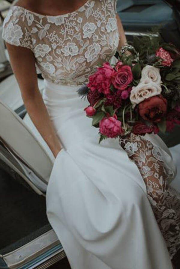 NumberSea Boho Lace Sheath Bateau Cap Sleeves Wedding Dresses, Bridal Gown, MW646