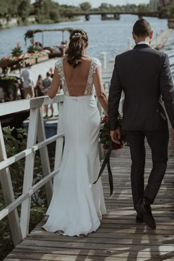 NumberSea Boho Lace Sheath Bateau Cap Sleeves Wedding Dresses, Bridal Gown, MW646