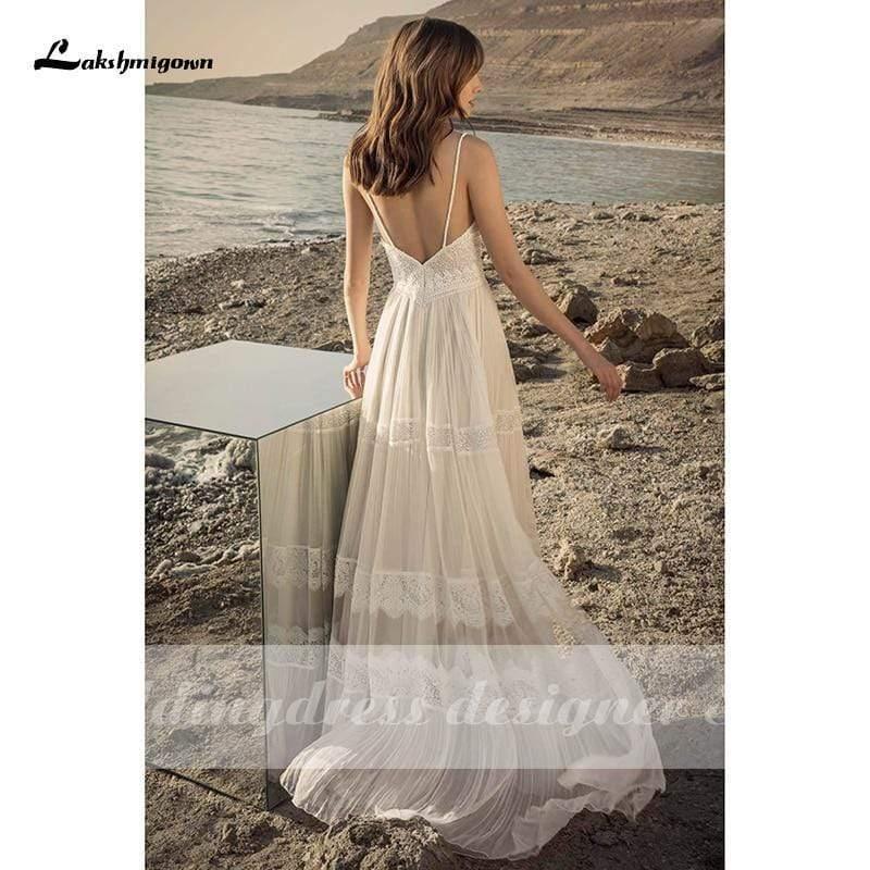 NumberSea Boho Lace Wedding Dress Deep V Neck Backless Robe Sexy Bridal Gown