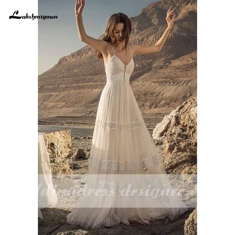 NumberSea Boho Lace Wedding Dress Deep V Neck Backless Robe Sexy Bridal Gown