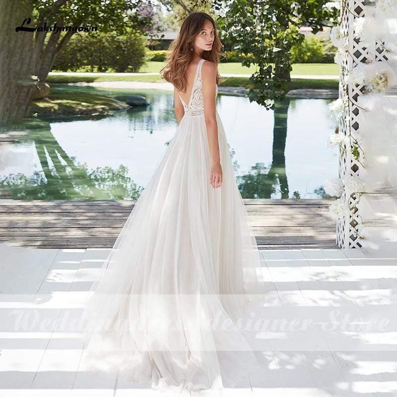 NumberSea Boho Lace Wedding Dress Sleeveless Beach Bride Dress A-Line