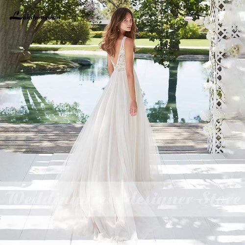 NumberSea Robe de mariée bohème en dentelle sans manches robe de plage ligne A