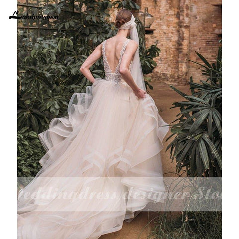 NumberSea Boho Spitze Hochzeit Kleider 2021 Lakshmigown Vestido de Noche Neue V Neck Luxus Perlen Sexy Spitze Brautkleid Robe Mariee