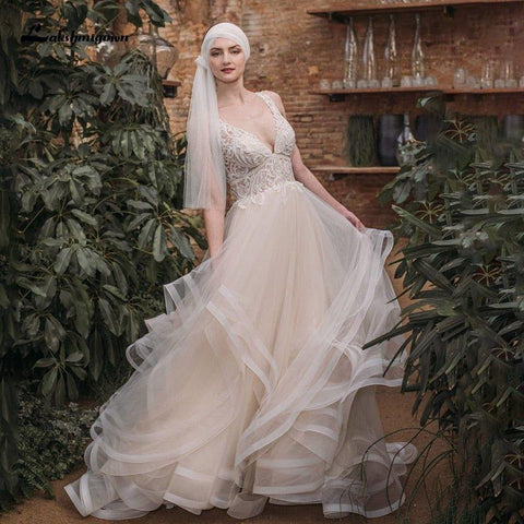 NumberSea Boho Spitze Hochzeit Kleider 2021 Lakshmigown Vestido de Noche Neue V Neck Luxus Perlen Sexy Spitze Brautkleid Robe Mariee