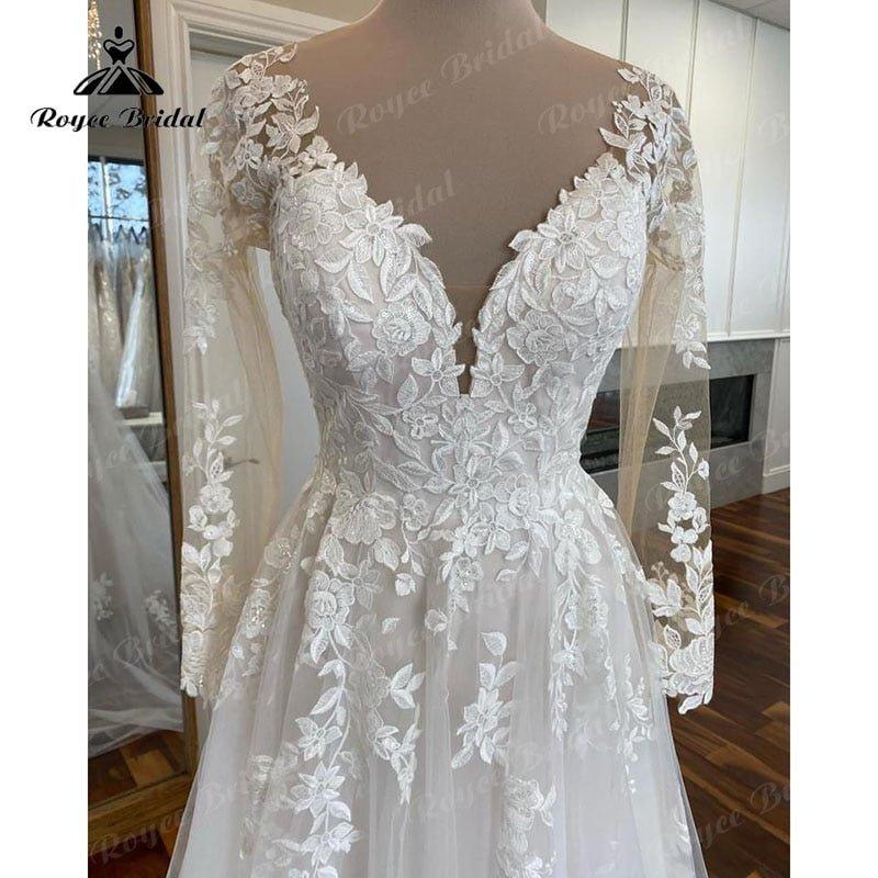 NumberSea Boho Long Sleeve Lace Applqiues V Neck Open Back Wedding Dress for Women Sweep Train 2025 Vestidos Fiesta Robe Civil Bridal Gown