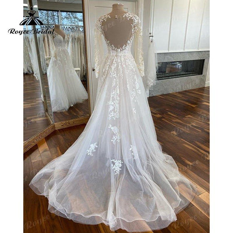 NumberSea Boho Langarm Spitze Applqiues V-Ausschnitt Open Back Brautkleid für Frauen Sweep Train 2025 Vestidos Fiesta Robe Zivil Brautkleid 