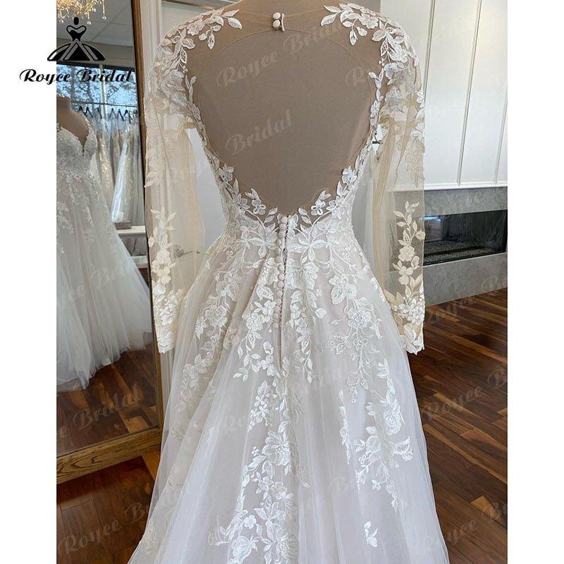 NumberSea Boho Long Sleeve Lace Applqiues V Neck Open Back Wedding Dress for Women Sweep Train 2025 Vestidos Fiesta Robe Civil Bridal Gown