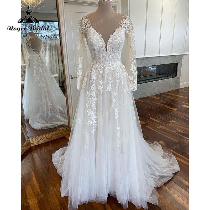 NumberSea Boho Long Sleeve Lace Applqiues V Neck Open Back Wedding Dress for Women Sweep Train 2025 Vestidos Fiesta Robe Civil Bridal Gown
