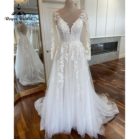 NumberSea Boho Langarm Spitze Applqiues V-Ausschnitt Open Back Brautkleid für Frauen Sweep Train 2025 Vestidos Fiesta Robe Zivil Brautkleid 