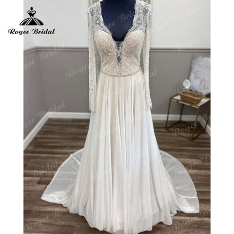NumberSea Boho Langarm Spitze Chiffon V-Ausschnitt Illusion A-Linie Strandhochzeitskleid 2025 Brautkleid Bestidos De Novia Elegante Maßanfertigung