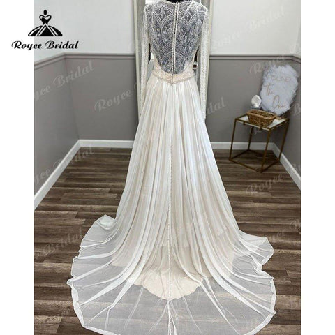 NumberSea Boho Langarm Spitze Chiffon V-Ausschnitt Illusion A-Linie Strandhochzeitskleid 2025 Brautkleid Bestidos De Novia Elegante Maßanfertigung