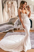 NumberSea Boho Sereia Decote Redondo Costas Abertas Vestidos de Noiva de Renda Marfim com Cauda, ​​Vestidos de Noiva Vintage, MW382