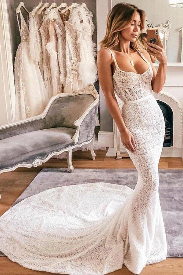NumberSea Boho Mermaid Scoop Neck Open Back Ivory Lace Wedding Dresses with Train, Vintage Wedding Dresses,MW382
