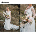 NumberSea Boho Organza And Tulle A-Line Wedding Dresses Two Piece O-Neck Long Sleeve Court Train Bride Gowns Appliques Lace Pleats Elegant
