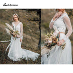 NumberSea Boho Organza And Tulle A-Line Wedding Dresses Two Piece O-Neck Long Sleeve Court Train Bride Gowns Appliques Lace Pleats Elegant