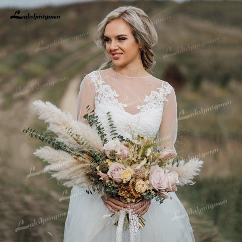 NumberSea Boho Organza und Tüll A-Linie Brautkleider Zweiteiliger O-Ausschnitt Langarm Hofschleppe Brautkleider Applikationen Spitze Falten Elegant