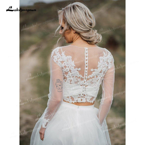 NumberSea Boho Organza und Tüll A-Linie Brautkleider Zweiteiliger O-Ausschnitt Langarm Hofschleppe Brautkleider Applikationen Spitze Falten Elegant