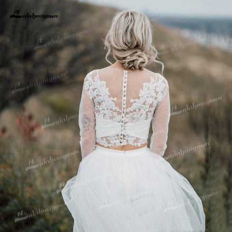 NumberSea Boho Organza und Tüll A-Linie Brautkleider Zweiteiliger O-Ausschnitt Langarm Hofschleppe Brautkleider Applikationen Spitze Falten Elegant