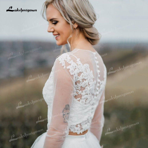 NumberSea Robes de mariée bohème en organza et tulle ligne A deux pièces col O manches longues traîne de cour robes à appliqués dentelle plis élégants
