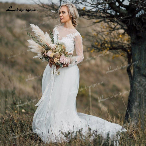 NumberSea Boho Organza und Tüll A-Linie Brautkleider Zweiteiliger O-Ausschnitt Langarm Hofschleppe Brautkleider Applikationen Spitze Falten Elegant