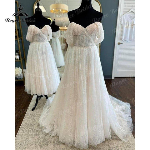 NumberSea Boho Polka Dots Tüll Flügelärmeln Schatz Boho Hochzeitskleid für Frauen 2022 Braut Falten Empfangspartykleid Noiva Vestido