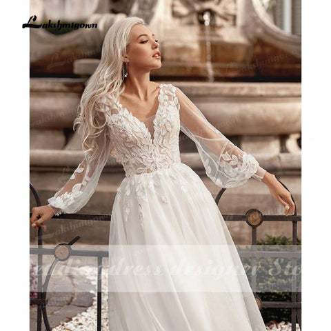 NumberSea Boho Prinzessin A-linie Brautkleider V-ausschnitt Longue Lange Laterne Hülse Robe De Soiree Einfache Strand Brautkleid Vestidos De noiv